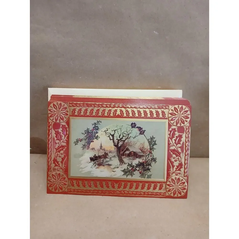 Plus Mark Christmas Cards Set Winter Horse Sleigh Scene Gold Holly Border #417